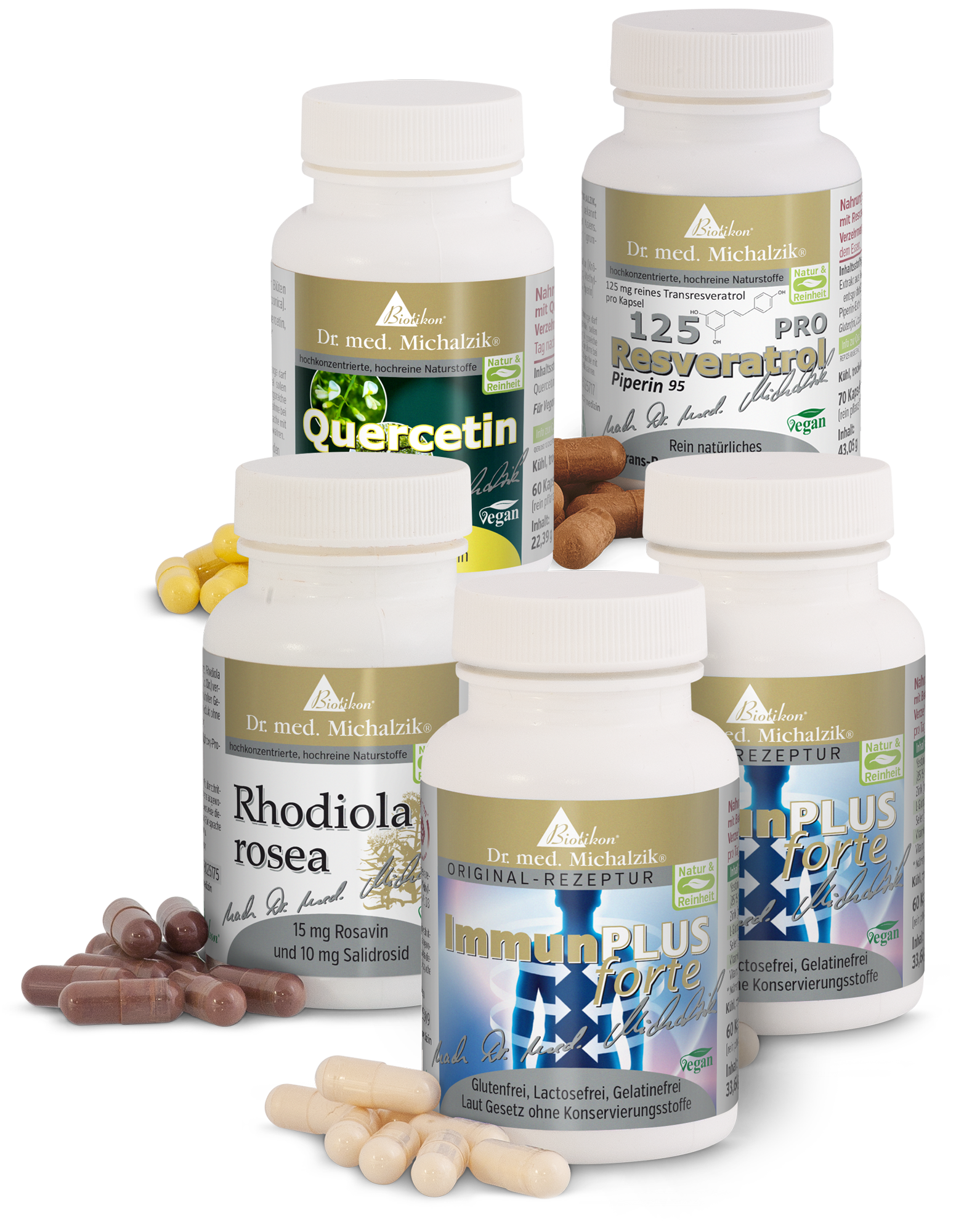 Wirkstoff Quercetin in Kapseln, 60 Stück, weißer Behälter, umgeben von Kapseln.