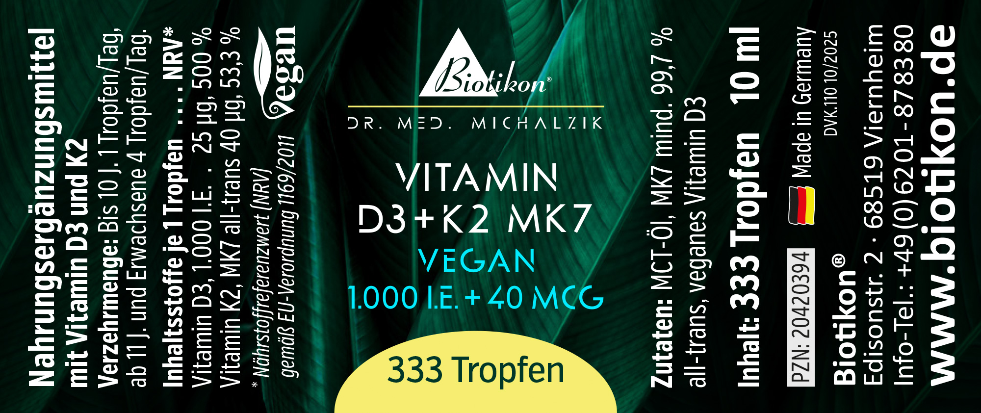 Flaska med 333 droppar vitamin D3 och K2 MK7, 10 ml, grön förpackning