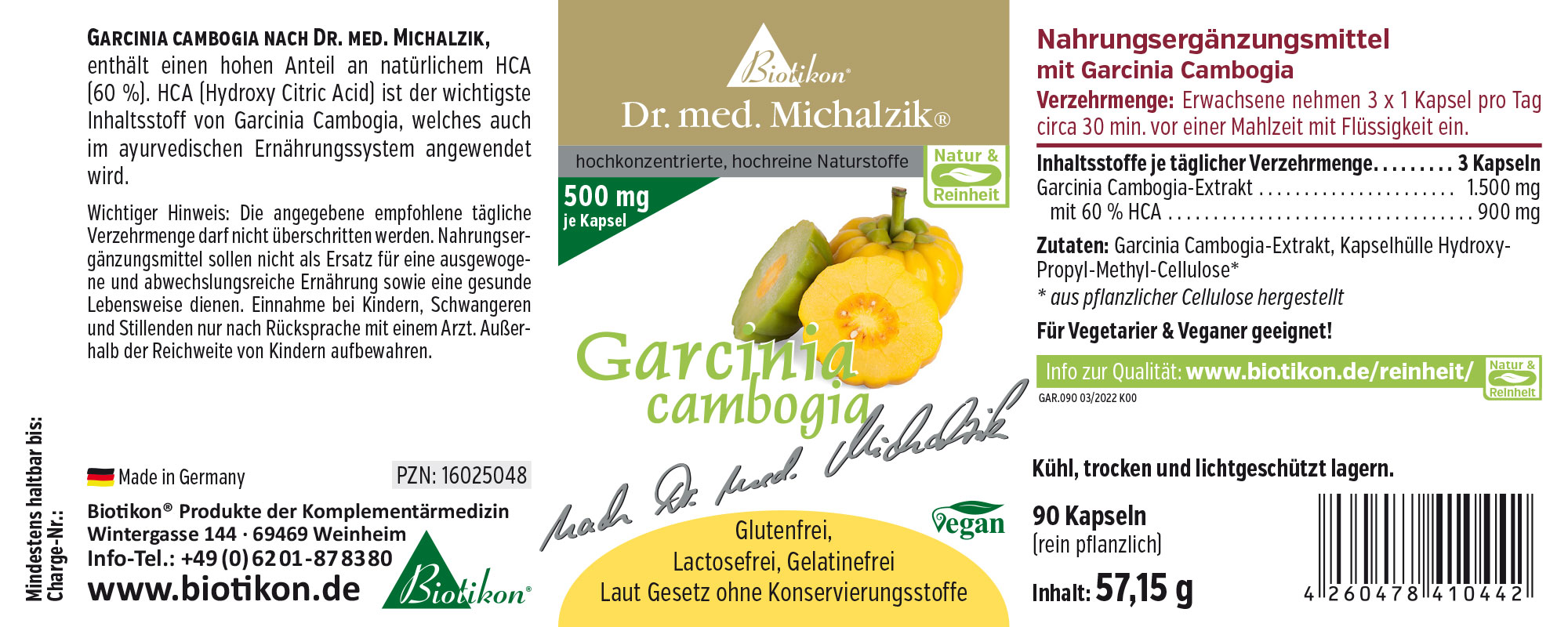 90 Kapseln Garcinia Cambogia Extrakt, gelbe Verpackung, Vorderansicht, vegan