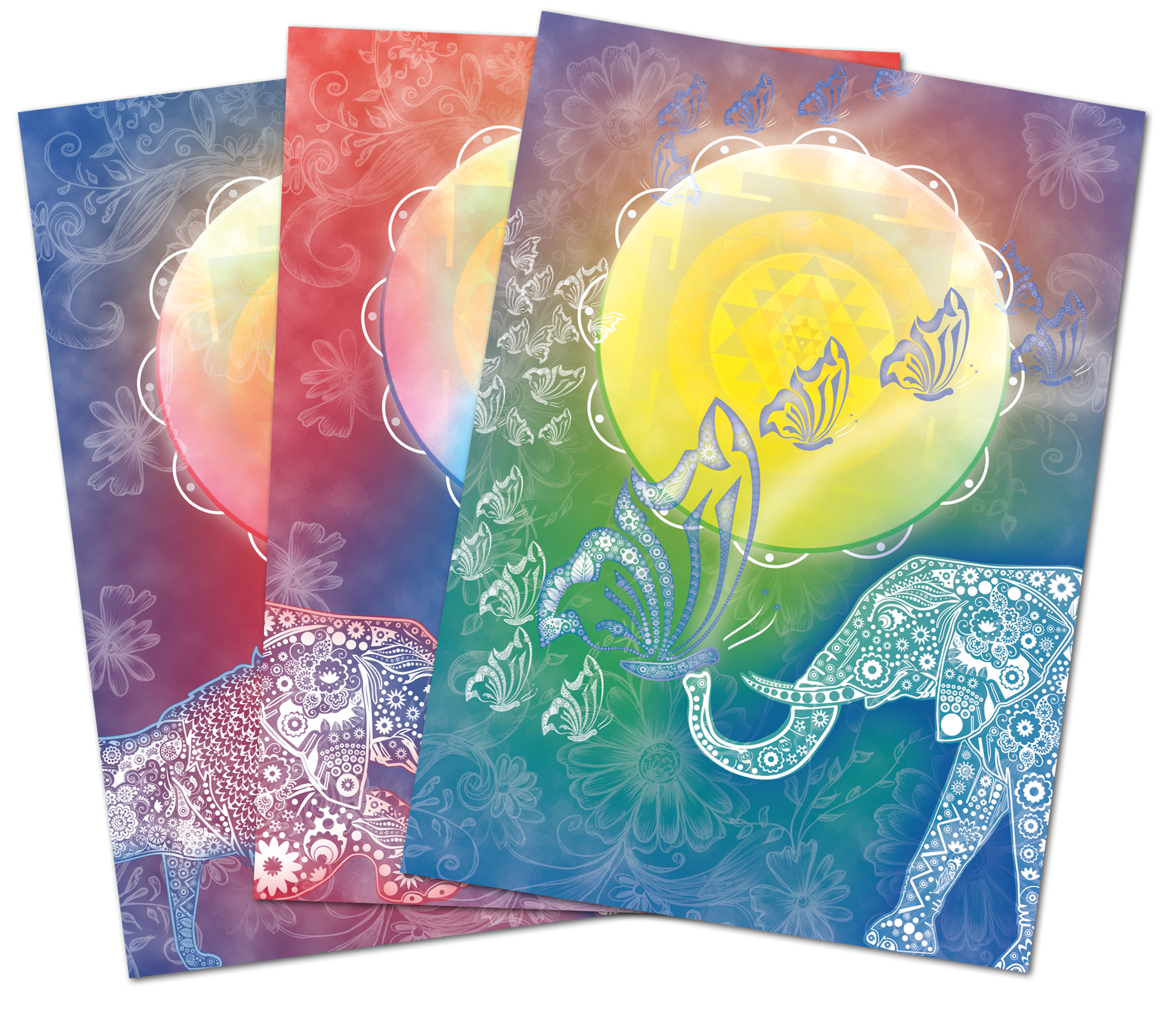 Set aus drei bunten Postkarten mit Motiv von Elefanten und Schmetterlingen, verschiedene Farben, kunstvoll gestaltet.