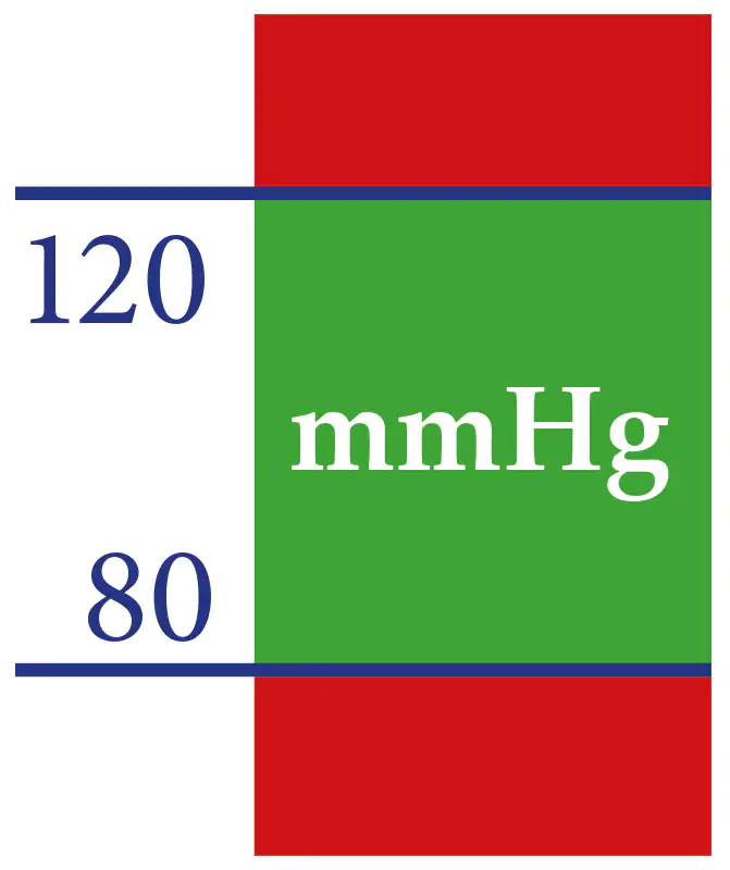 Grafische Darstellung eines Blutdruckmessgeräts mit den Werten 120 und 80 mmHg in grüner und roter Farbe.