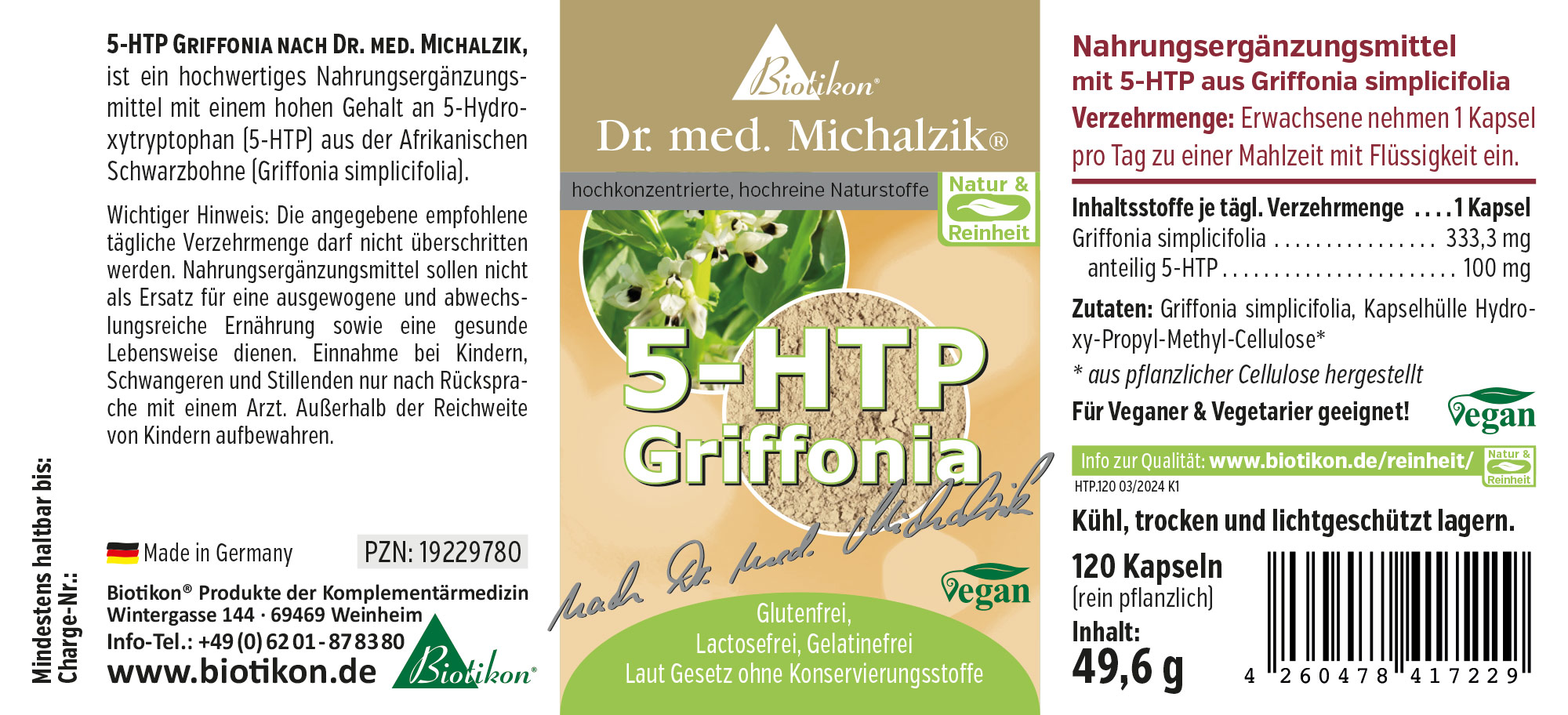 Nahrungsergänzungsmittel mit 5-HTP aus Griffonia simplicifolia, 120 vegane Kapseln, farbige Verpackung, Vorderansicht.