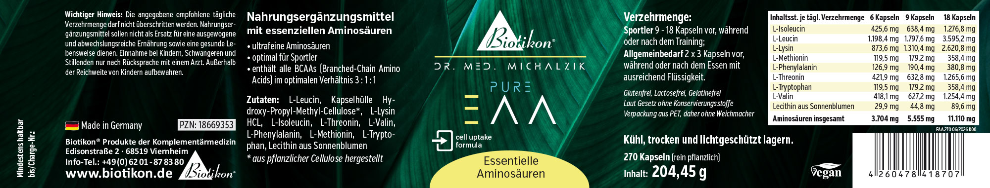 Essentielle Aminosäuren 270 Kapseln Verpackung mit 270 pflanzlichen Kapseln für essentielle Aminosäuren, grün, frontal dargestellt.