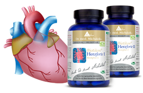Zwei Flaschen Biotika Herzkur 1 Kapseln, blauer Kunststoff, Vorderansicht mit Herz-Illustration im Hintergrund.