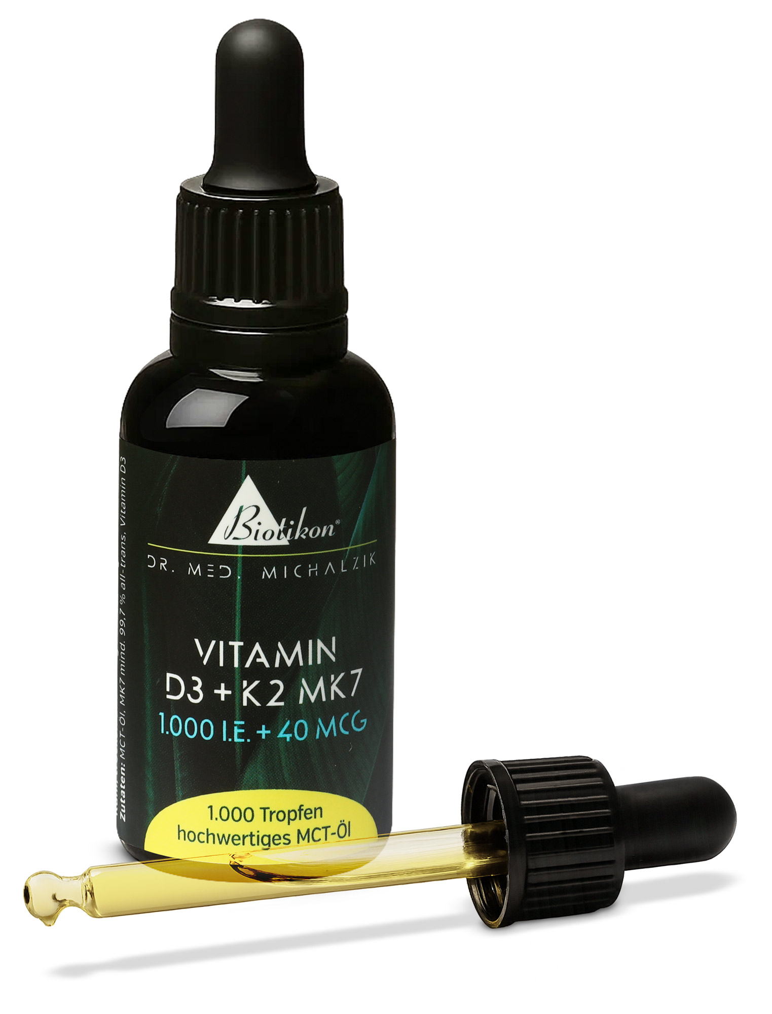 Flasche mit Vitamin D3 und K2 MK7 in Tropfenform, 1.000 IE und 40 McG, goldene Flüssigkeit im Pipettenaufsatz.