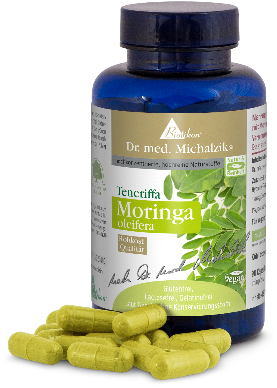 Moringa oleifera – 90 Kapseln Flasche mit Moringa oleifera Kapseln, grüne Kapseln, 90 Stück, vegan, in blauer Flasche.