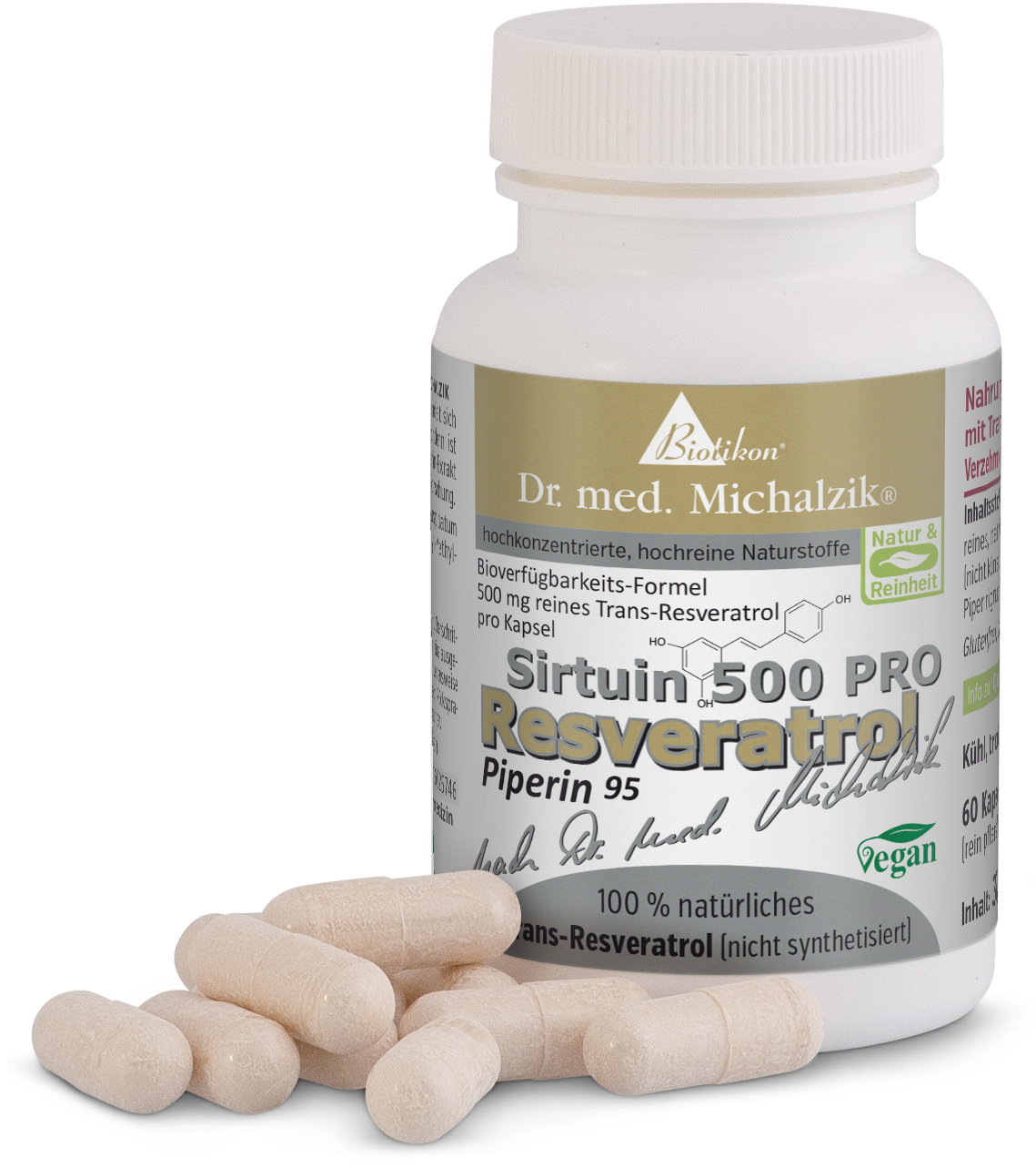 Flasche mit Kapseln, 60 Stück, beige Kapseln, Sicht auf Etikett und Kapseln auf dem Tisch.