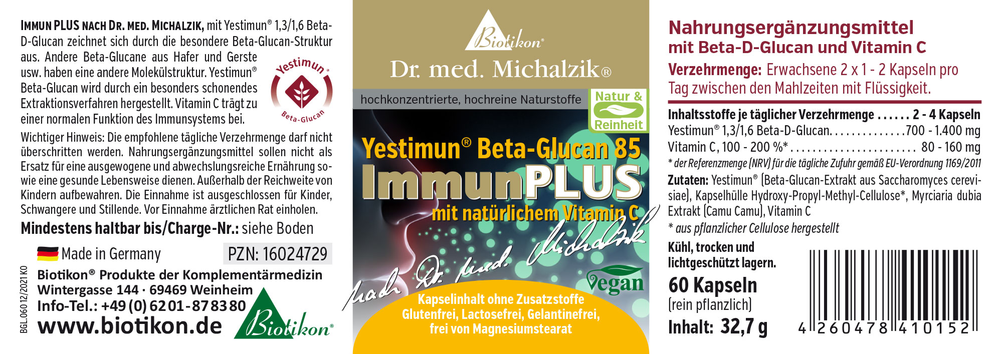 Nahrungsergänzungsmittel mit Beta-D-Glucan und Vitamin C, 60 Kapseln, vegan, in brauner Verpackung.