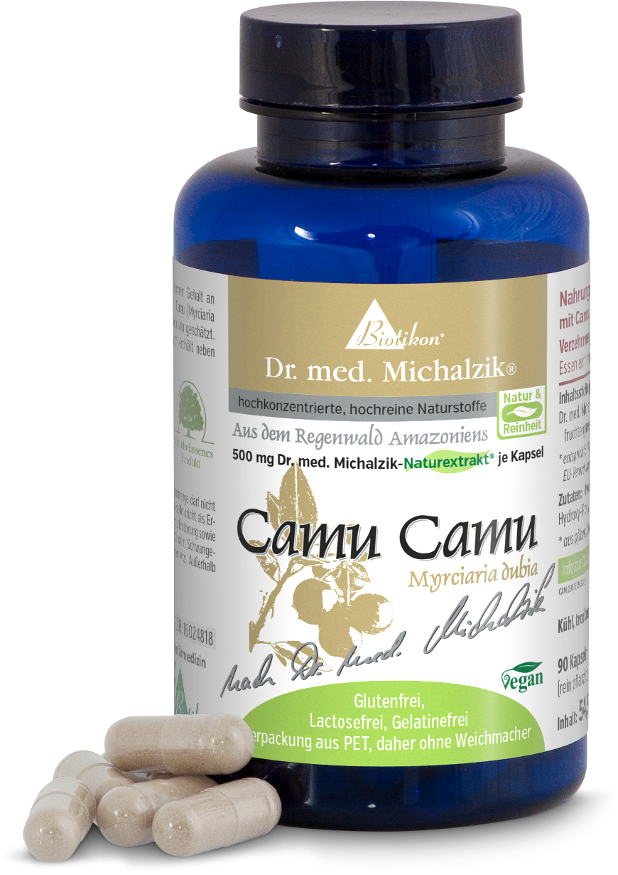 Camu Camu Nahrungsergänzungsmittel in blauer PET-Flasche, 90 Kapseln, mit mehreren Kapseln im Vordergrund.