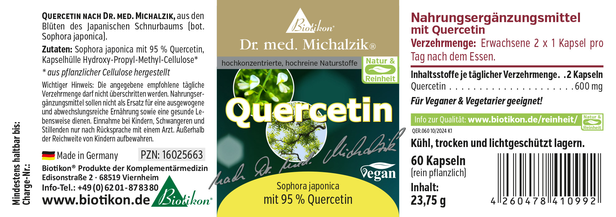 Nahrungsergänzungsmittel Quercetin, 60 Kapseln, in einer grünen Verpackung, vegan und pflanzlich.