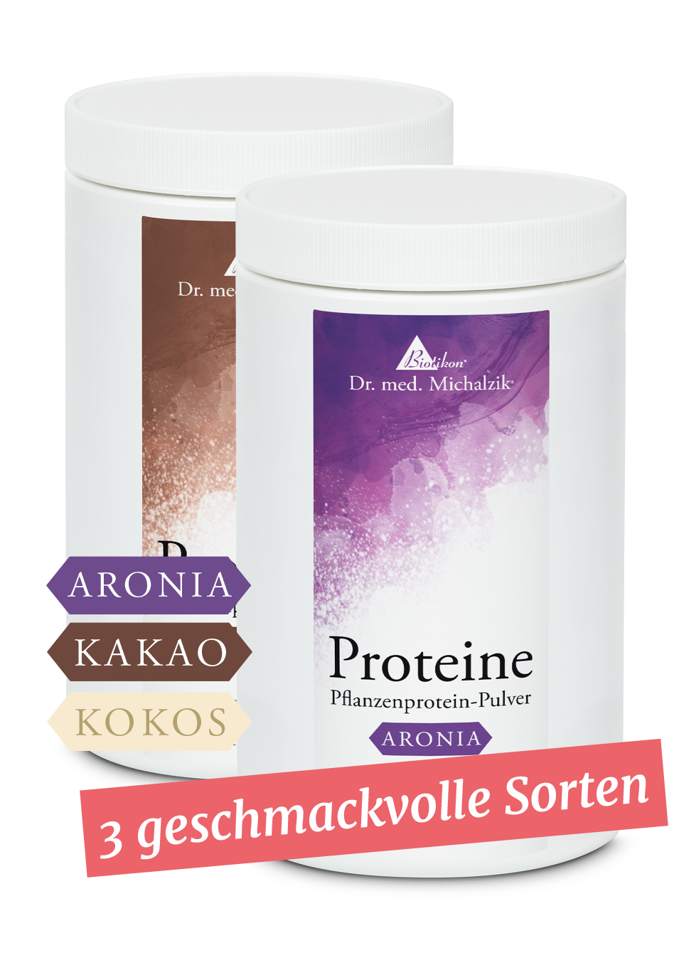 Zwei Behälter mit Pflanzenprotein-Pulver in Aronia, Kakao und Kokos, weiß, Vorderansicht.