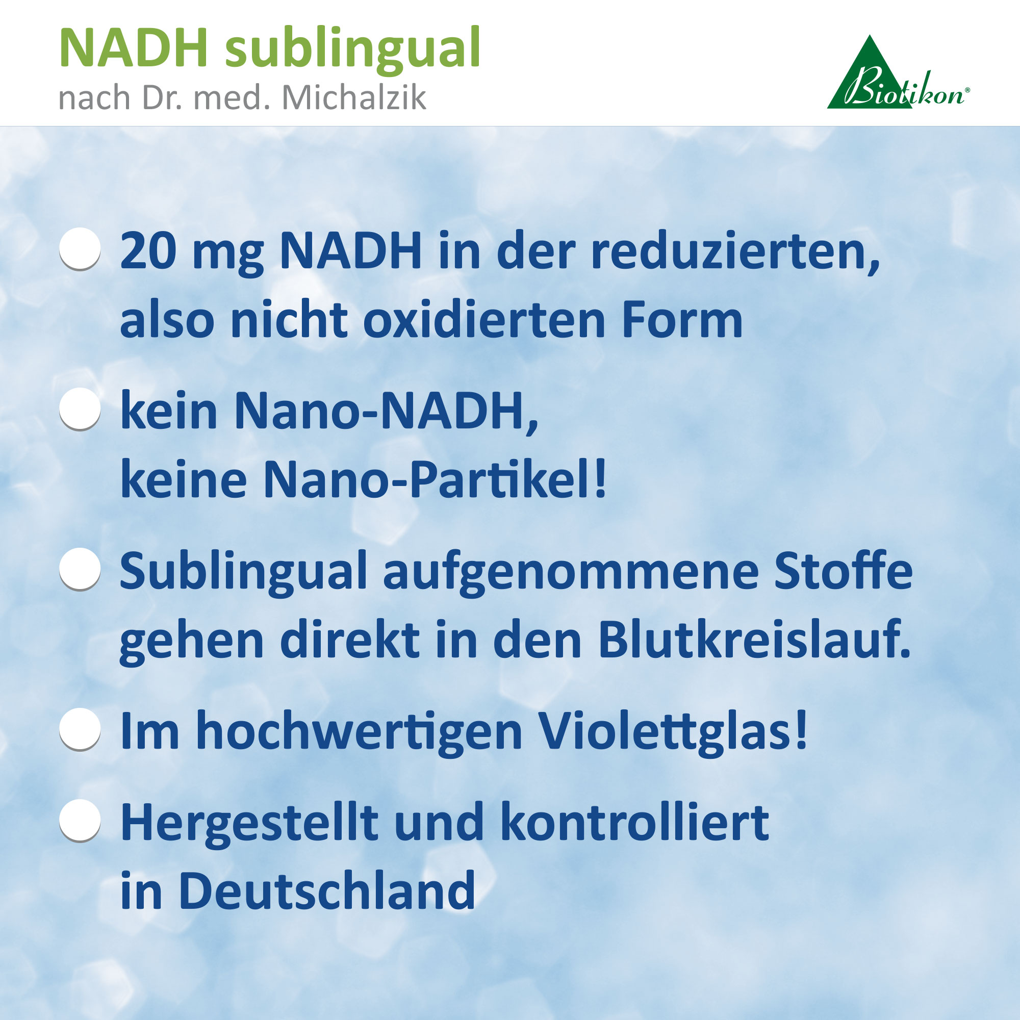 Sublinguale NADH Tabletten mit 20 mg, violette Verpackung, in hellem Hintergrund.