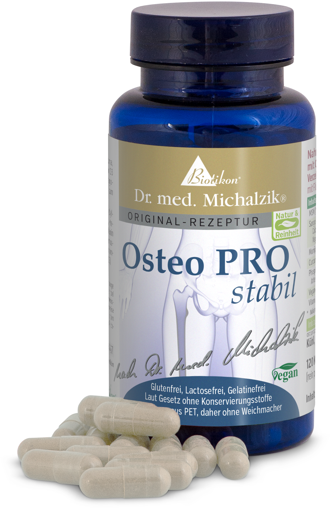 Osteo PRO stabil Kapseln in blauer Flasche, 120 Stück, glutenfrei, vegan, aus gebrochenem PET.