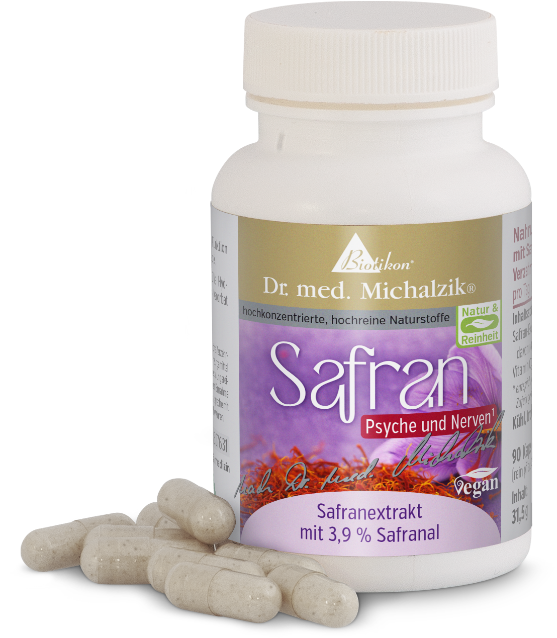 Weißer Kunststoffbehälter mit 90 Kapseln, Safranextrakt, lila Etikett, Vorderansicht.