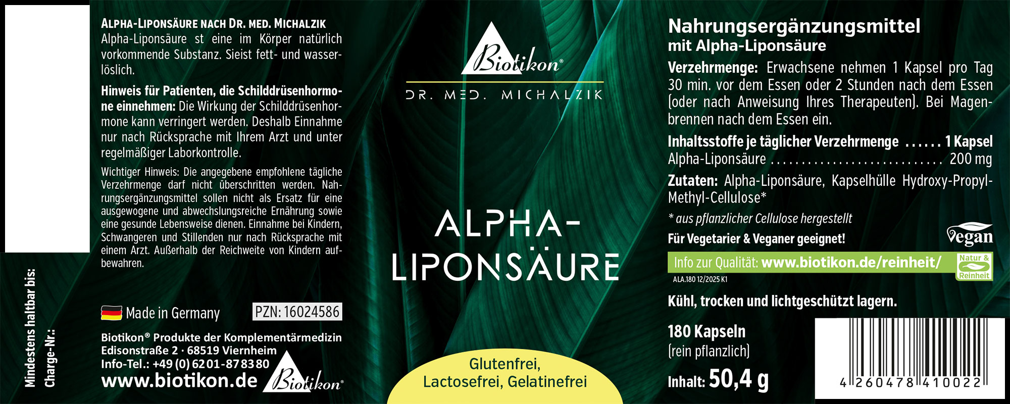 180 Kapseln Alpha-Liponsäure, vegan, in einer PET-Verpackung, braune Kapseln, Seiteansicht.