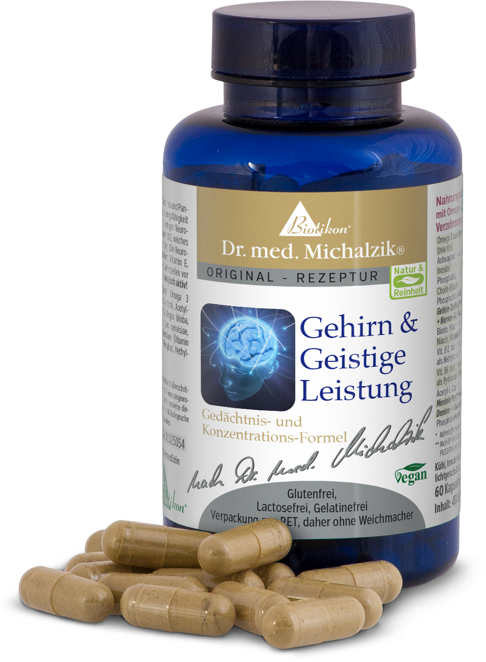 Flasche mit 60 Kapseln für geistige Leistung, blaue Verpackung, Kapseln in beige