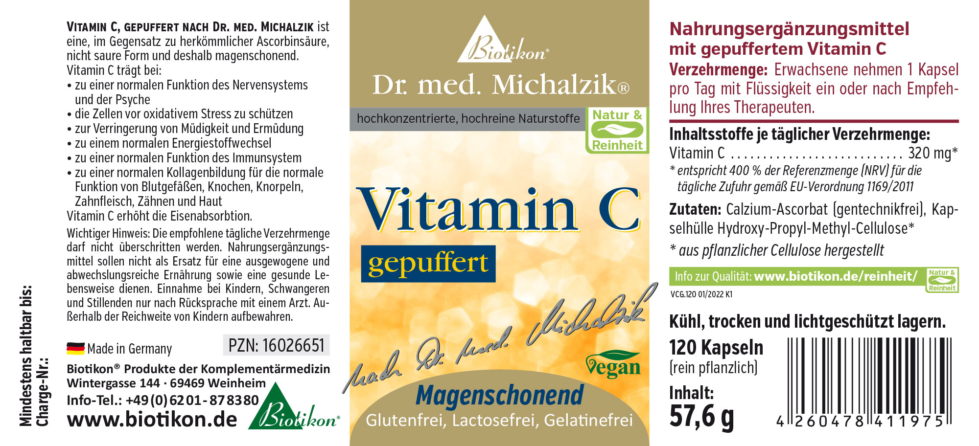 Nahrungsergänzungsmittel Vitamin C, gepuffert, 120 Kapseln, gelb verpackt, mit magenschonender Formel.