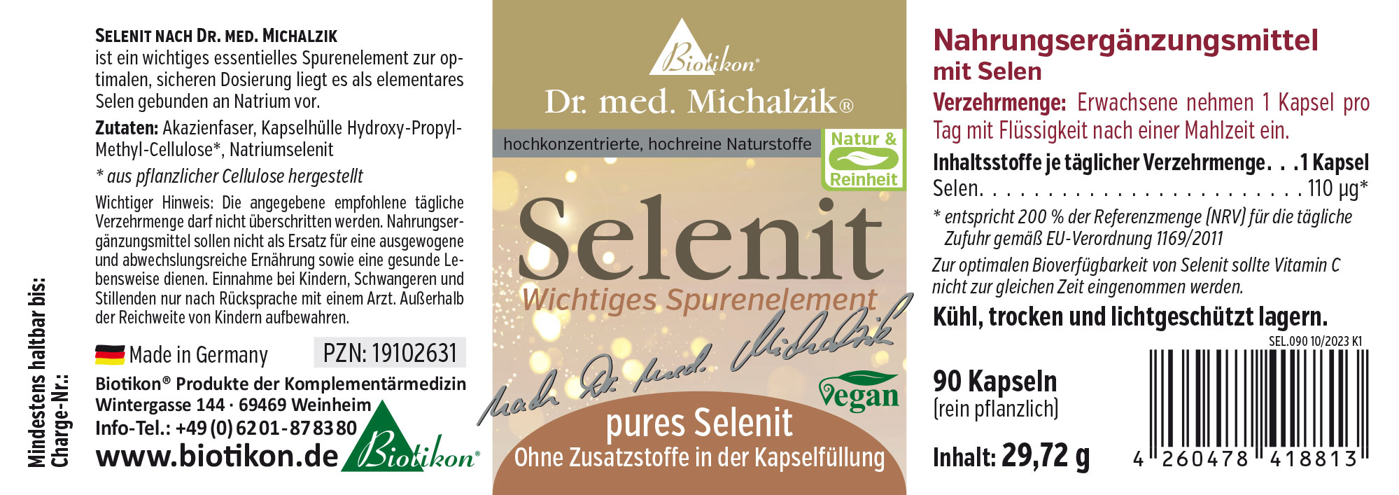 Nahrungsergänzungsmittel Selenit in Kapseln, 90 Stück, vegan, Verpackung in Hellgrau und Gold.