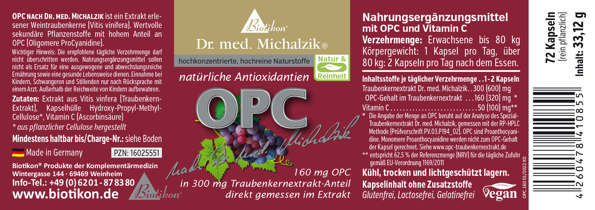 72 Kapseln OPC mit Traubenkerneextrakt und Vitamin C, violette Verpackung, seitliche Ansicht.
