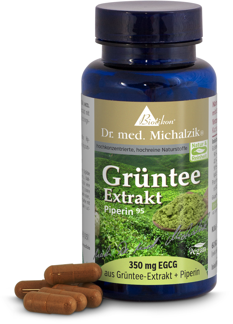 Flasche mit Grüntee Extrakt, 350 mg EGCG, mit Kapseln in brauner Farbe, seitliche Ansicht.