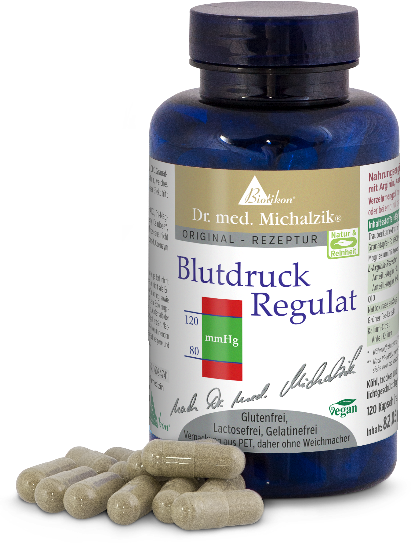 Blutdruck Regulat in blauer Flasche mit 120 Kapseln, vegan, glutenfrei, hochwertige Inhaltsstoffe, Nahaufnahme.
