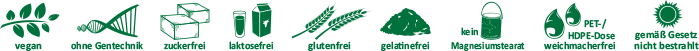 Icons für vegane Produkte, ohne Geschmacksverstärker, glutenfrei, laktosefrei, lokal angebaut, mit mehr als 100 Zutaten, rein pflanzlich, ohne künstliche Zusatzstoffe.