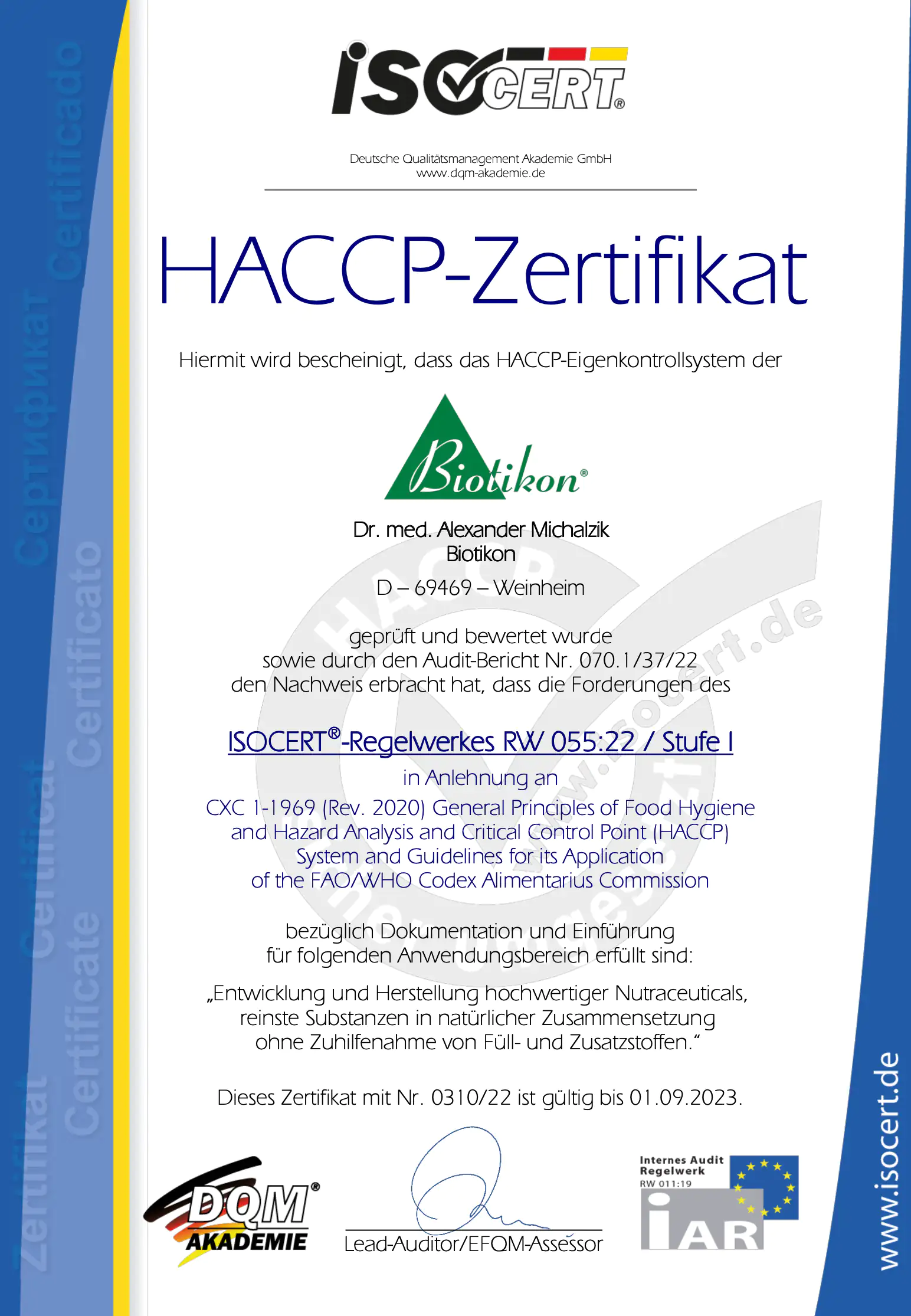 HACCP-Zertifikat von Biotikon, Grafik mit Zertifikatsdetails, inklusive Logo, Prüfungshinweisen und Gültigkeitsdatum.