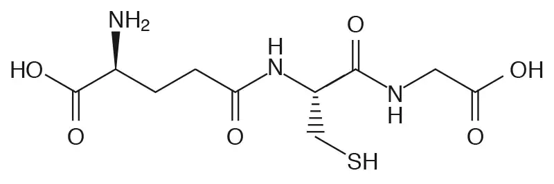 Molekülstruktur von Glutathion, chemische Formel, Darstellung in schwarz-weiß.