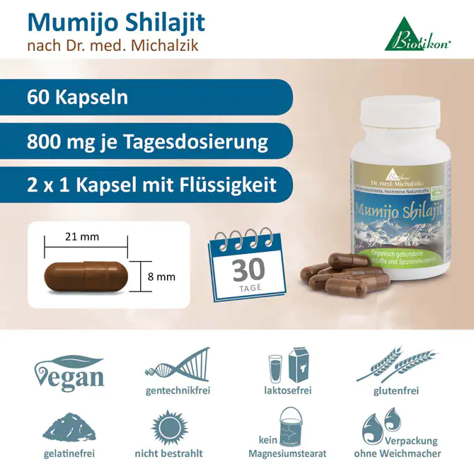 60 Kapseln Mumijo Shilajit, braune Kapseln, Verpackung mit flüssigen Inhaltsstoffen, 30 Tage. Vegan und glutenfrei.