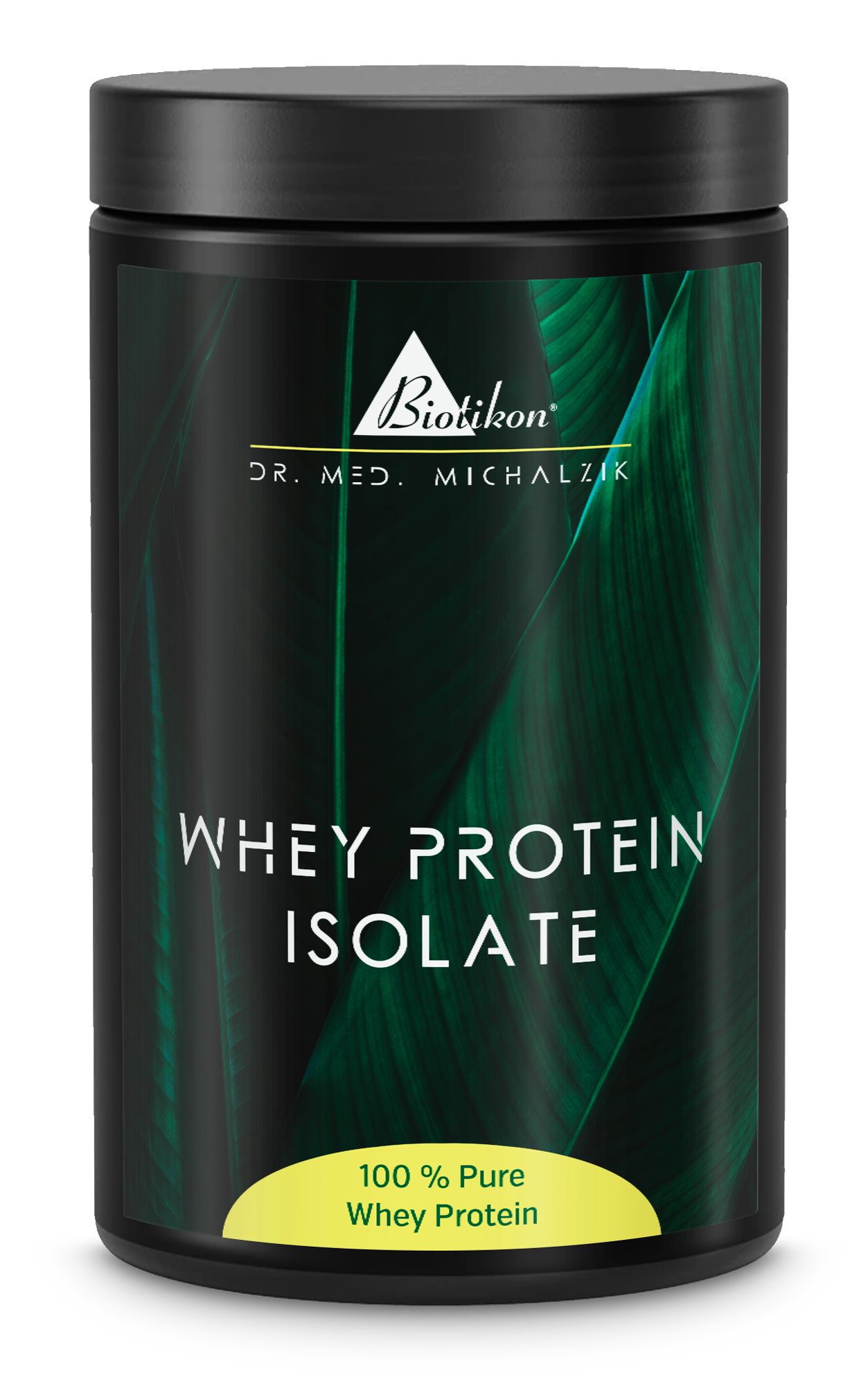 Schwarze Dose mit Whey Protein Isolate, 100 % rein, transparente Verpackung, grüne Blätter im Hintergrund.
