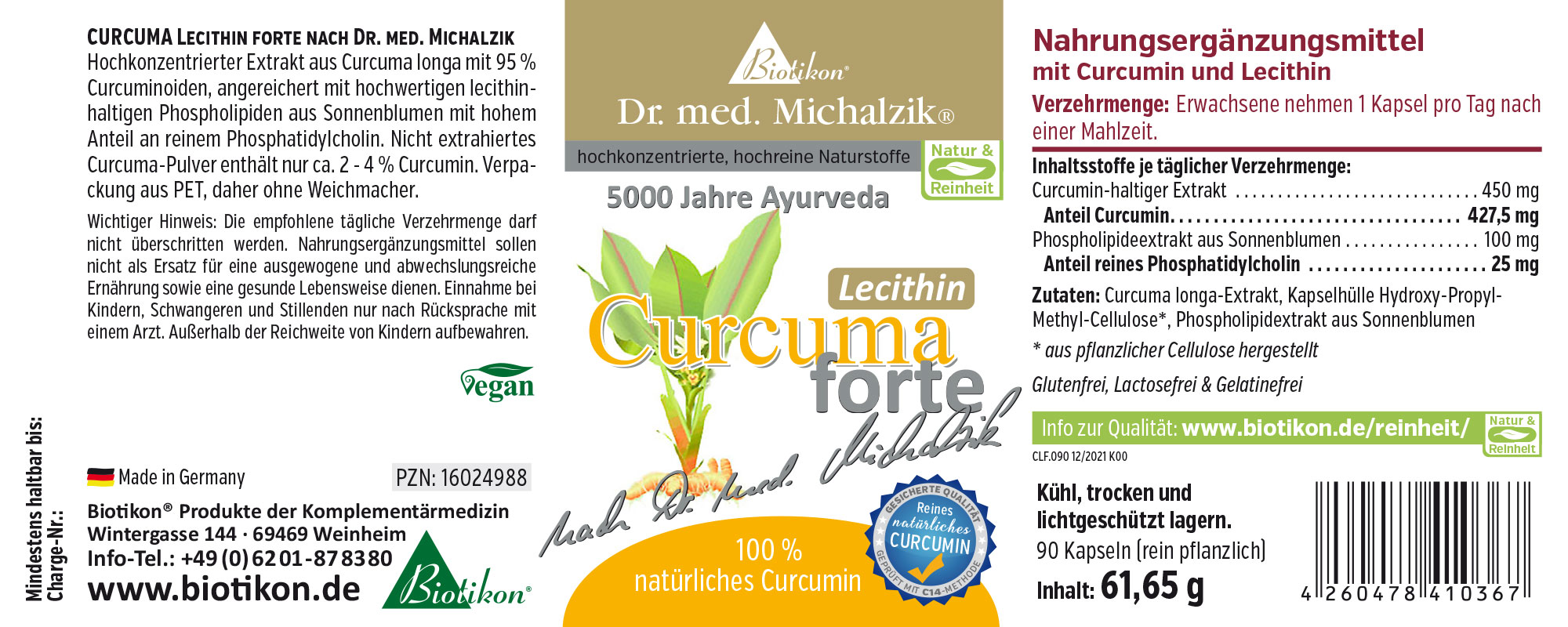 Nahrungsergänzungsmittel Curcuma Lecithin Forte, 90 pflanzliche Kapseln in einer blauen Verpackung, sichtbar die Wirkstoffe.