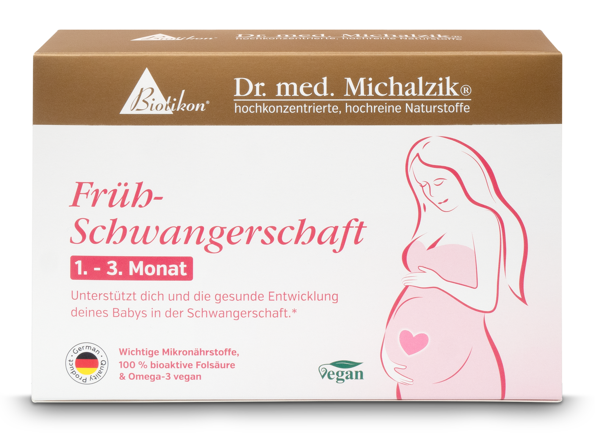 Verpackung für Mikronährstoffe während der Frühschwangerschaft, vegan, 30 Kapseln, rosa und beige Farbtöne.