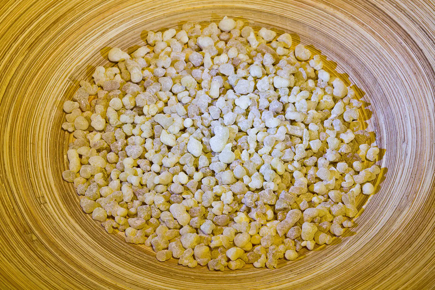Naturharz in einer Schale, körnig, beige-weiß, 100 g Menge, aus natürlichem Material.