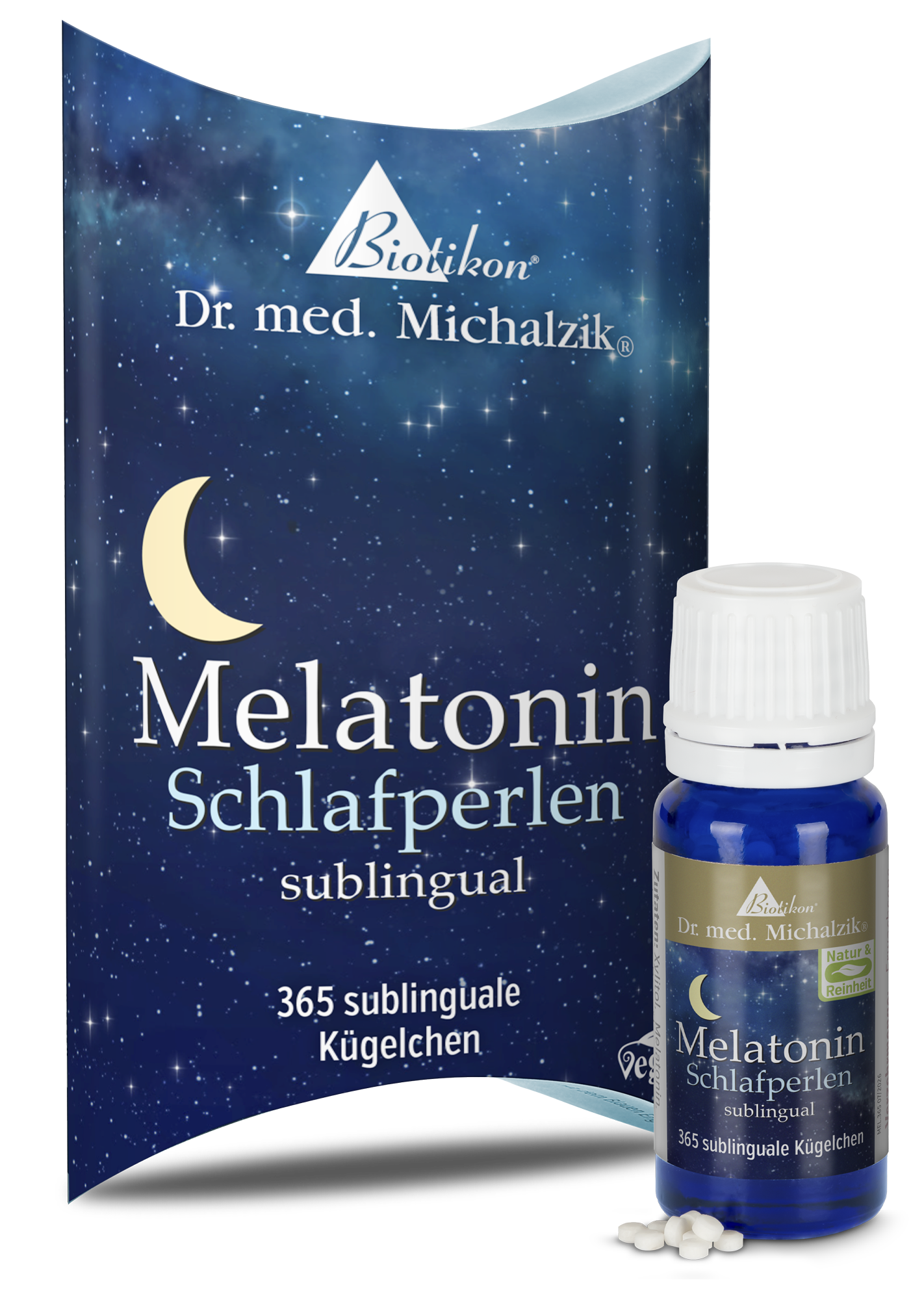 Melatonin sublingual – 365 Kügelchen Flasche mit 365 sublingualen Kügelchen in einer dunkelblauen Verpackung.