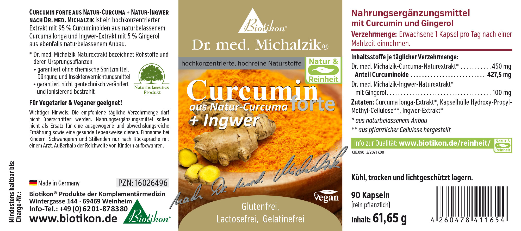 Nahrungsergänzungsmittel Curcumin forte mit Ingwer, 90 Kapseln, rein pflanzlich, gelb-orange Pulver.