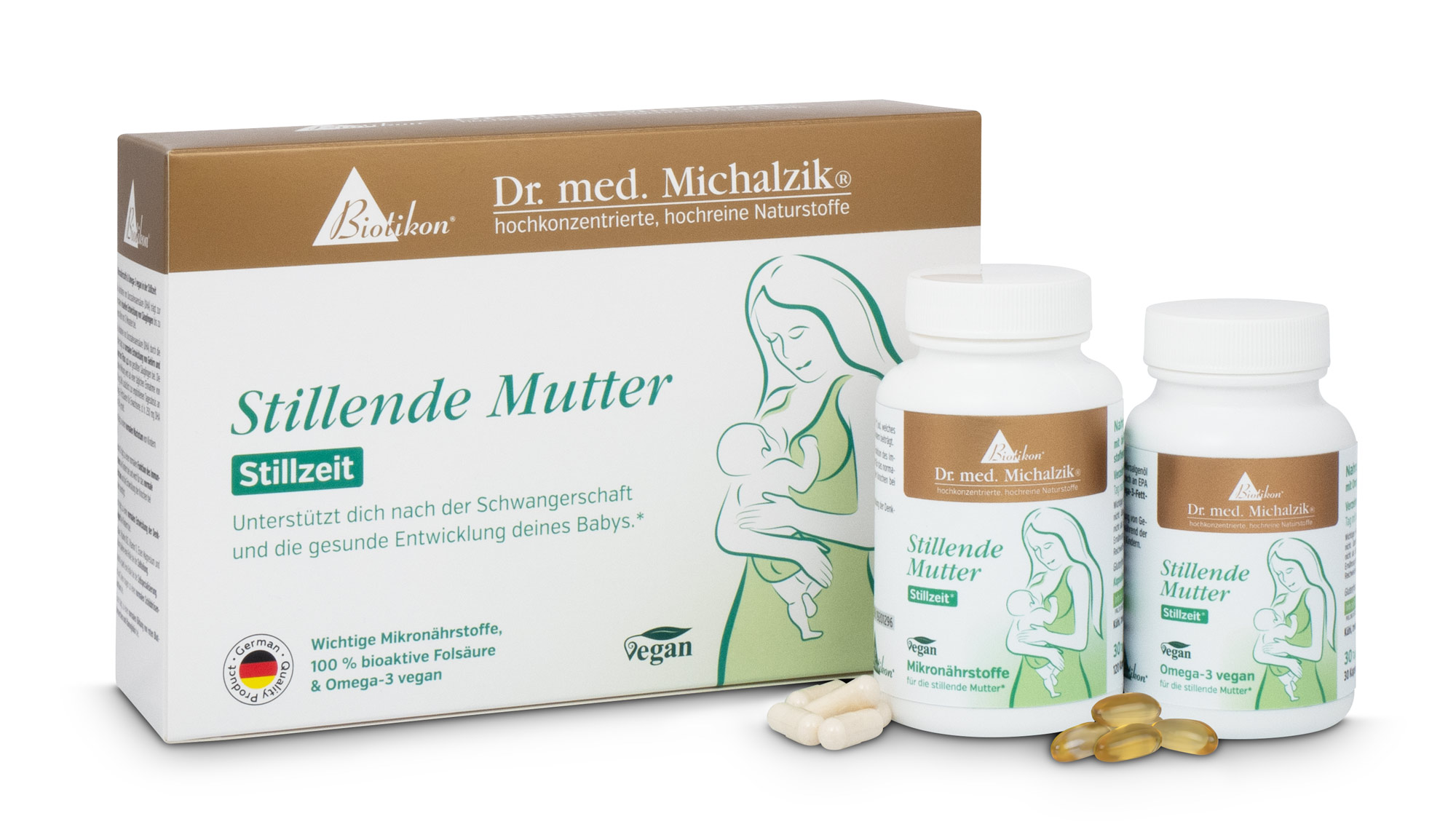 Nahrungsergänzungsmittel Stillende Mutter in Kapsel- und Softgel-Form, zwei Flaschen mit jeweiliger Menge, Verpackung in Schwarz-Grün, seitliche Perspektive.