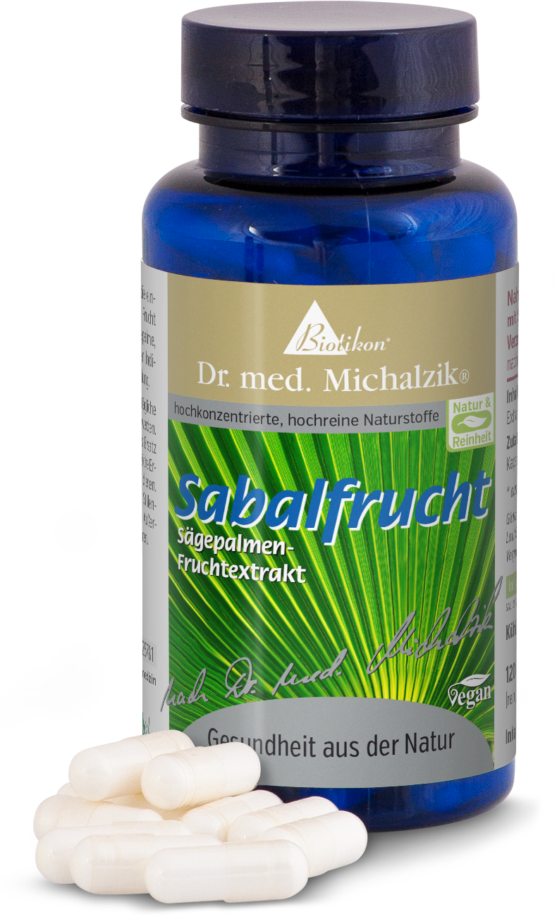 Flasche mit Sabalfrucht Kapseln, 120 Stück, in blauem Glas, mit weißen Kapseln im Vordergrund.