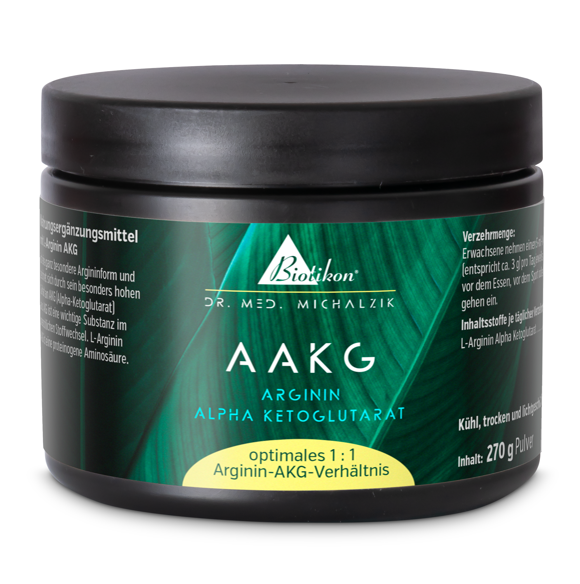 Pulverdose AAKG Arginin Alpha-Ketoglutarat, 270 g, schwarze Verpackung, seitliche Ansicht.