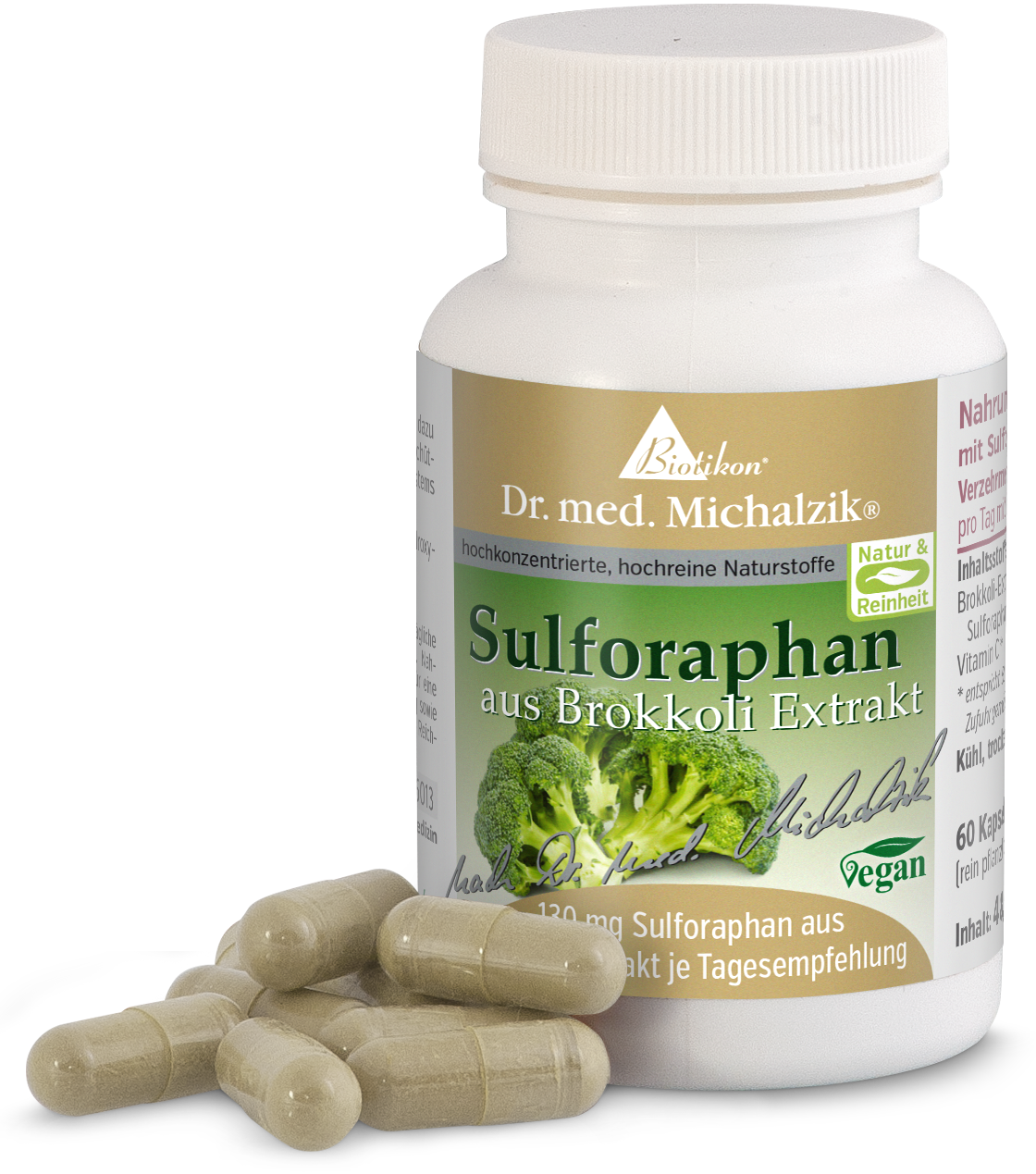 Sulforaphan aus Brokkoli Extrakt – 120 mg Kapseln Flasche mit 60 Kapseln Sulforaphan aus Brokkoli Extrakt, grünlich-beige Kapseln, moderne Verpackung.