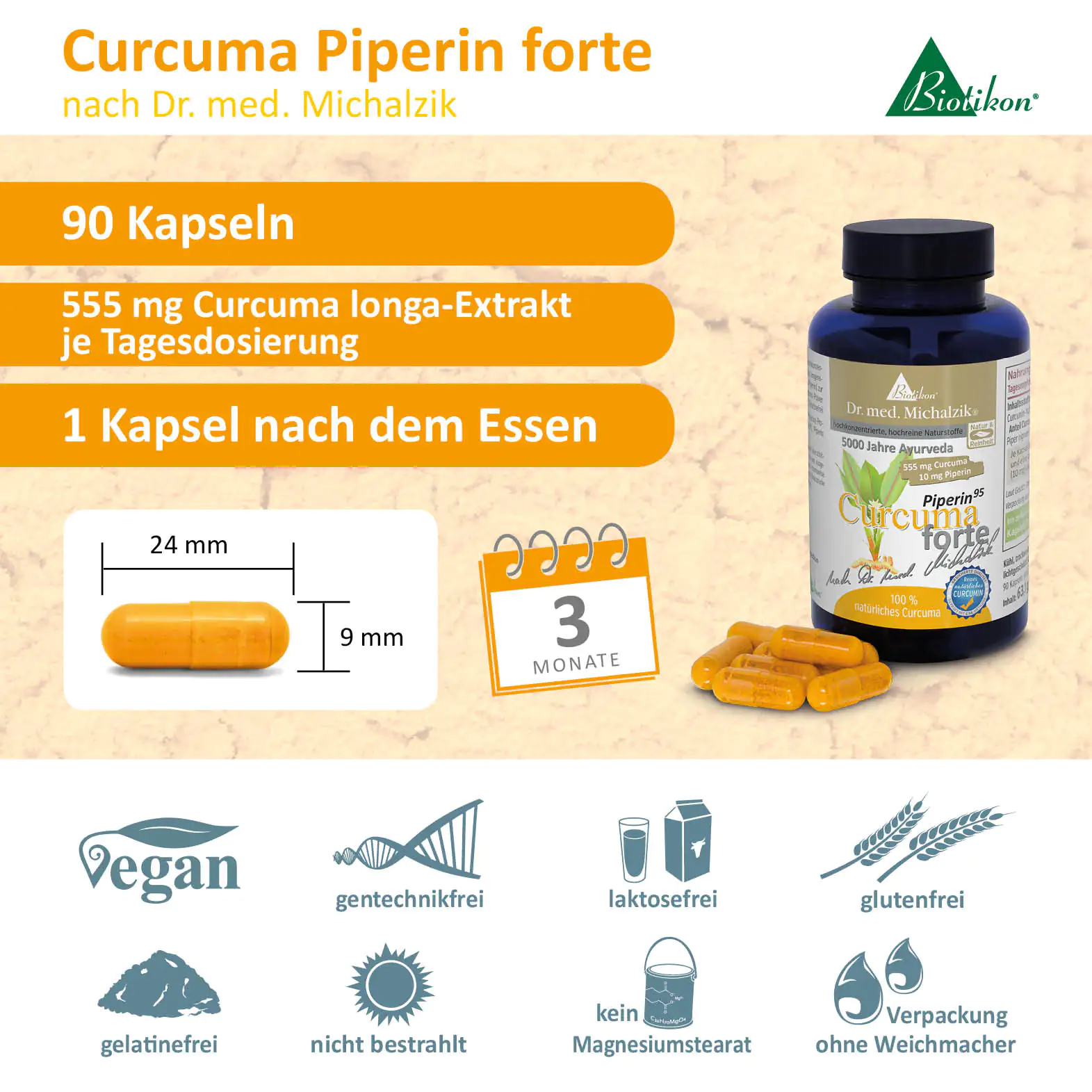 Flasche mit 90 gelben Kapseln, 555 mg Curcuma longum, vegan, dunkelblau, seitliche Perspektive.