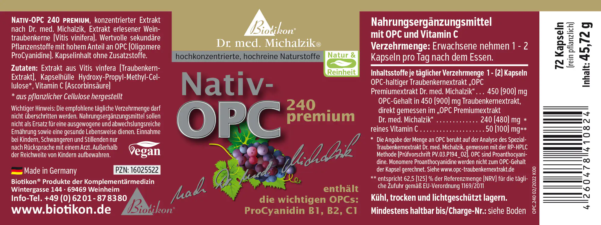 Nativ-OPC Nahrungsergänzungsmittel, 72 Kapseln, rot-violette Verpackung, aus Traubenextrakt.