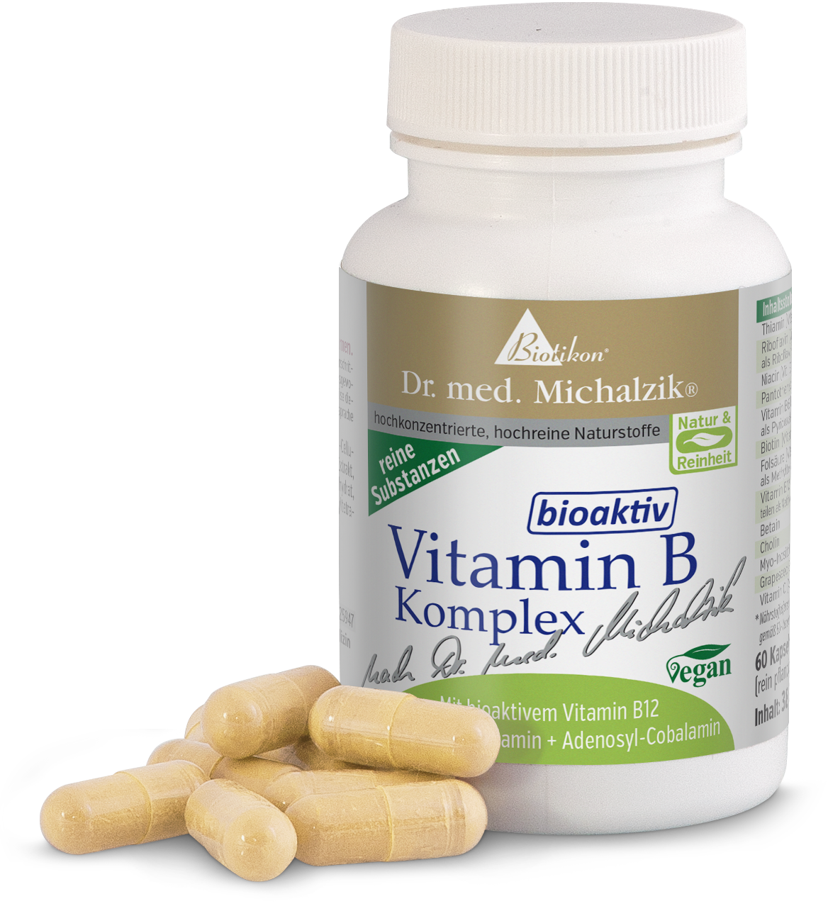 Flasche mit Vitamin B Komplex, 60 vegane Kapseln in hellbeige, im Vordergrund ein paar Kapseln sichtbar.