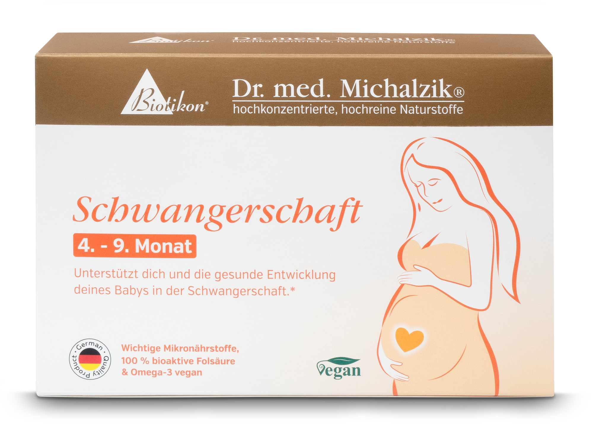 Verpackung für Schwangerschafts-Mikronährstoffe, 4. bis 9. Monat, auf weißem Hintergrund, mit einer schwangeren Frau.