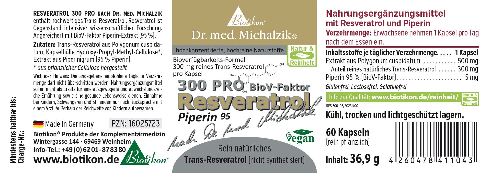 Verpackung von Resveratrol 300 mg Kapseln, 60 Stück, vegetarisch, erhältlich in einer stabilen Dose.