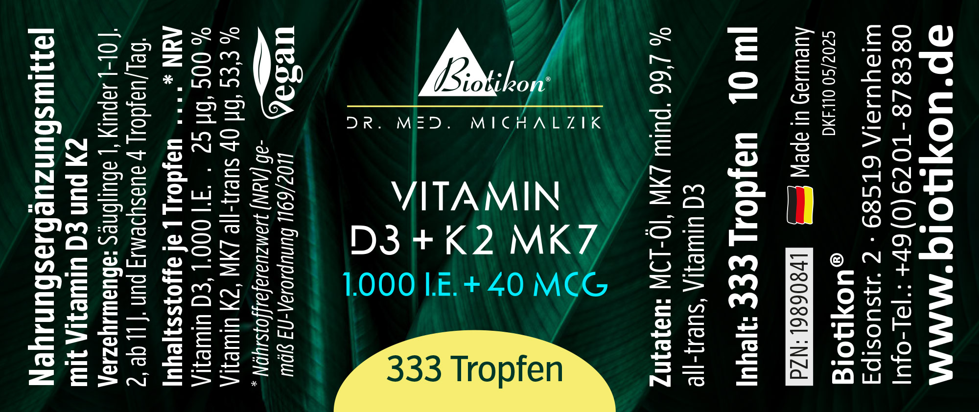 Flasche mit 333 Tropfen Vitamin D3 und K2 MK7, 10 ml, grüne Verpackung