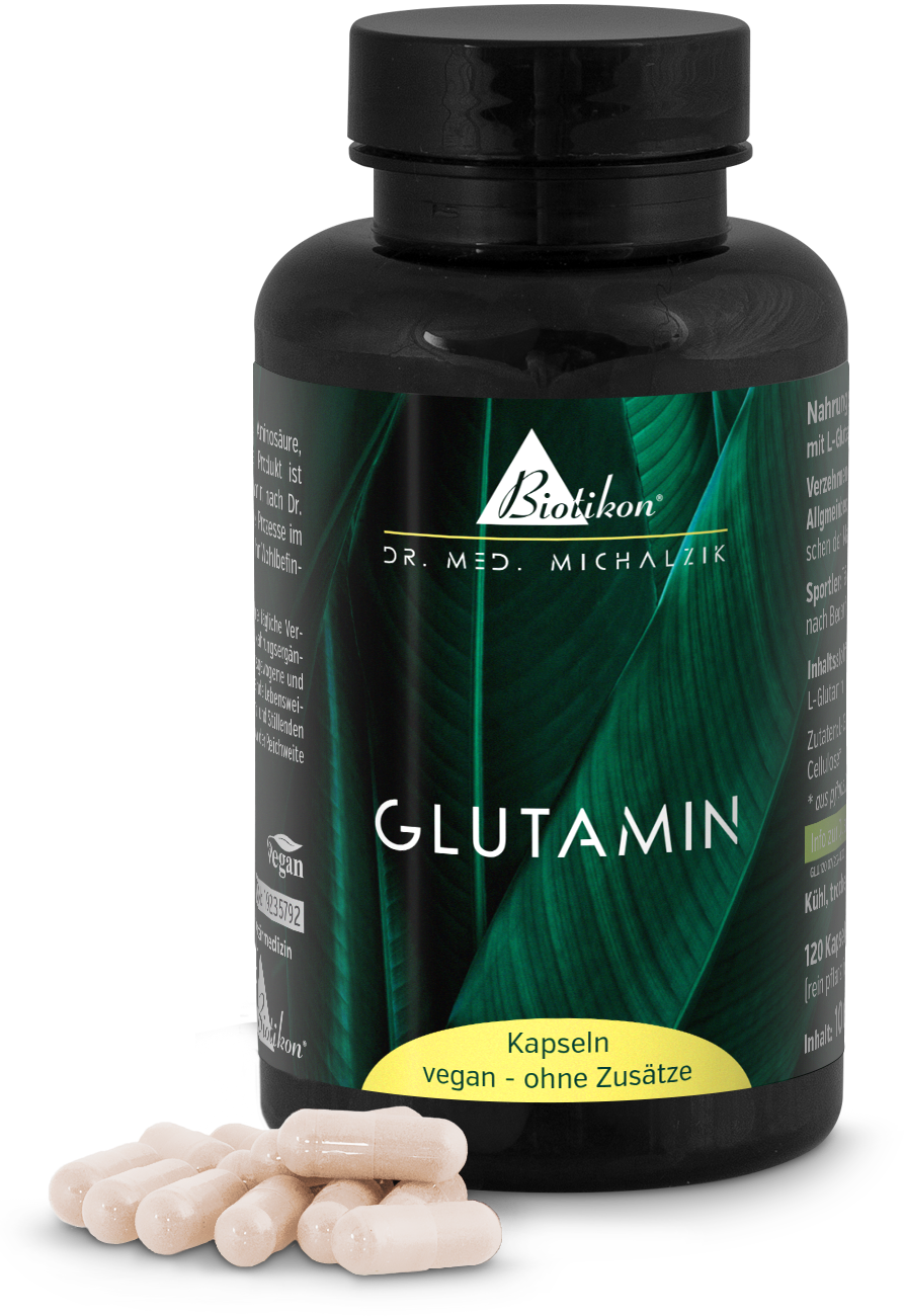 Glutamin 120 Kapseln – vegan Glutamin Kapseln in einer schwarzen Flasche mit grünem Design, 120 Stück, vegan und ohne Zusätze, Kapseln im Vordergrund.