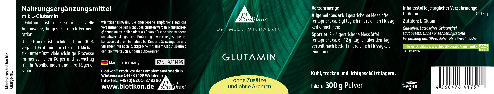 L-Glutamin Nahrungsergänzungsmittel, 300 g Pulver, vegan, in einem stabilen Beutel verpackt, grüne Farbgebung.