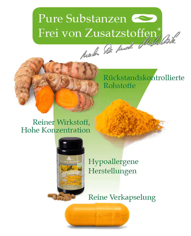 Kurkuma Kapseln, 500 mg, schwarze Flasche mit gelben Kapseln, auf weißem Hintergrund.