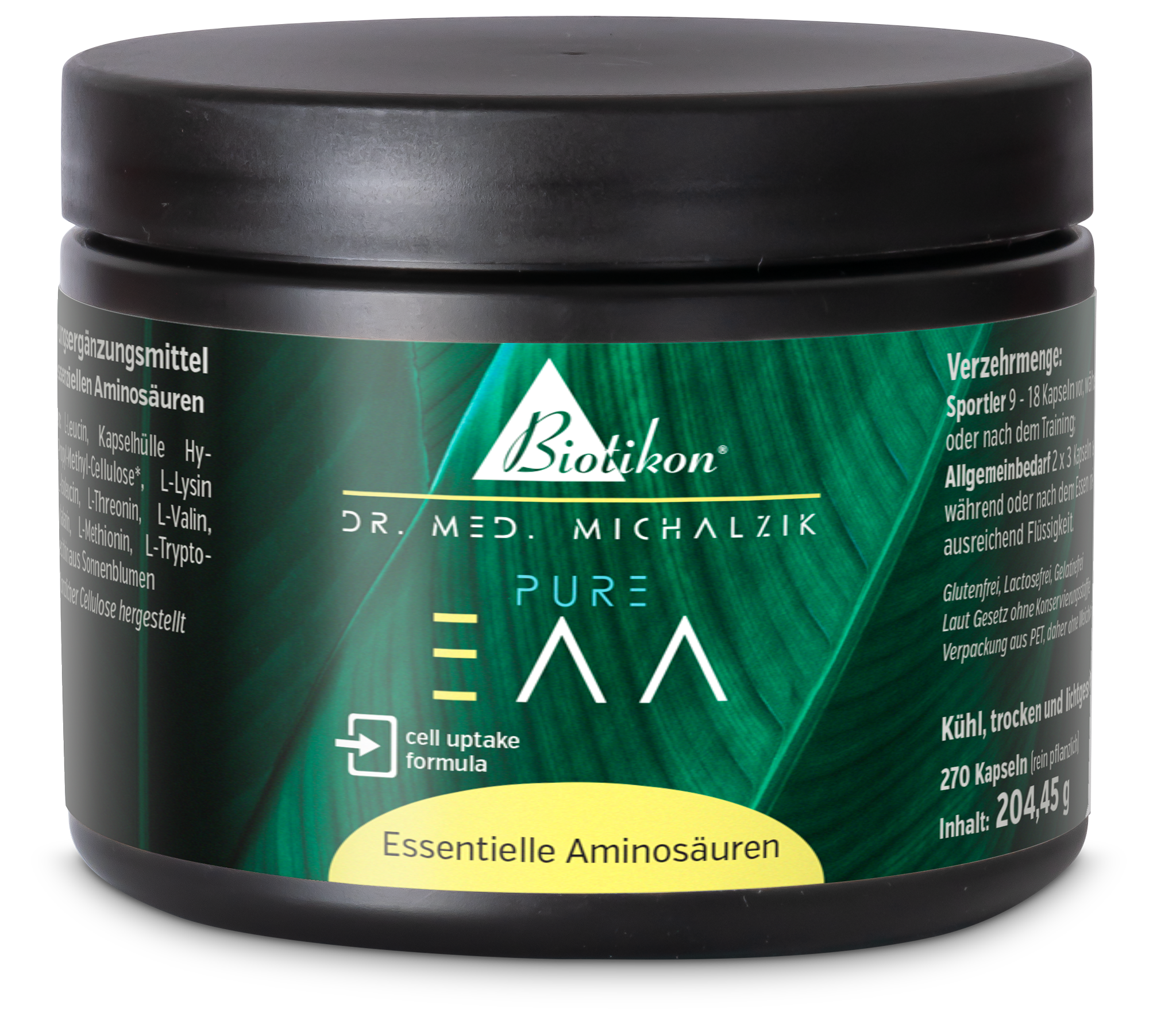 Dose mit 270 Kapseln essentieller Aminosäuren, grüne Verpackung, Vorderansicht.