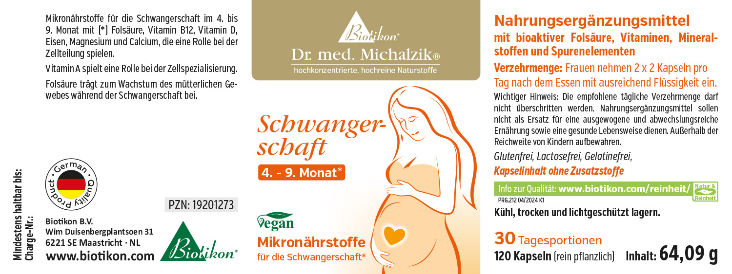 Nahrungsergänzungsmittel für schwangere Frauen, 120 Kapseln, Verpackung enthält Folsäure, Vitamine und Mineralstoffe.
